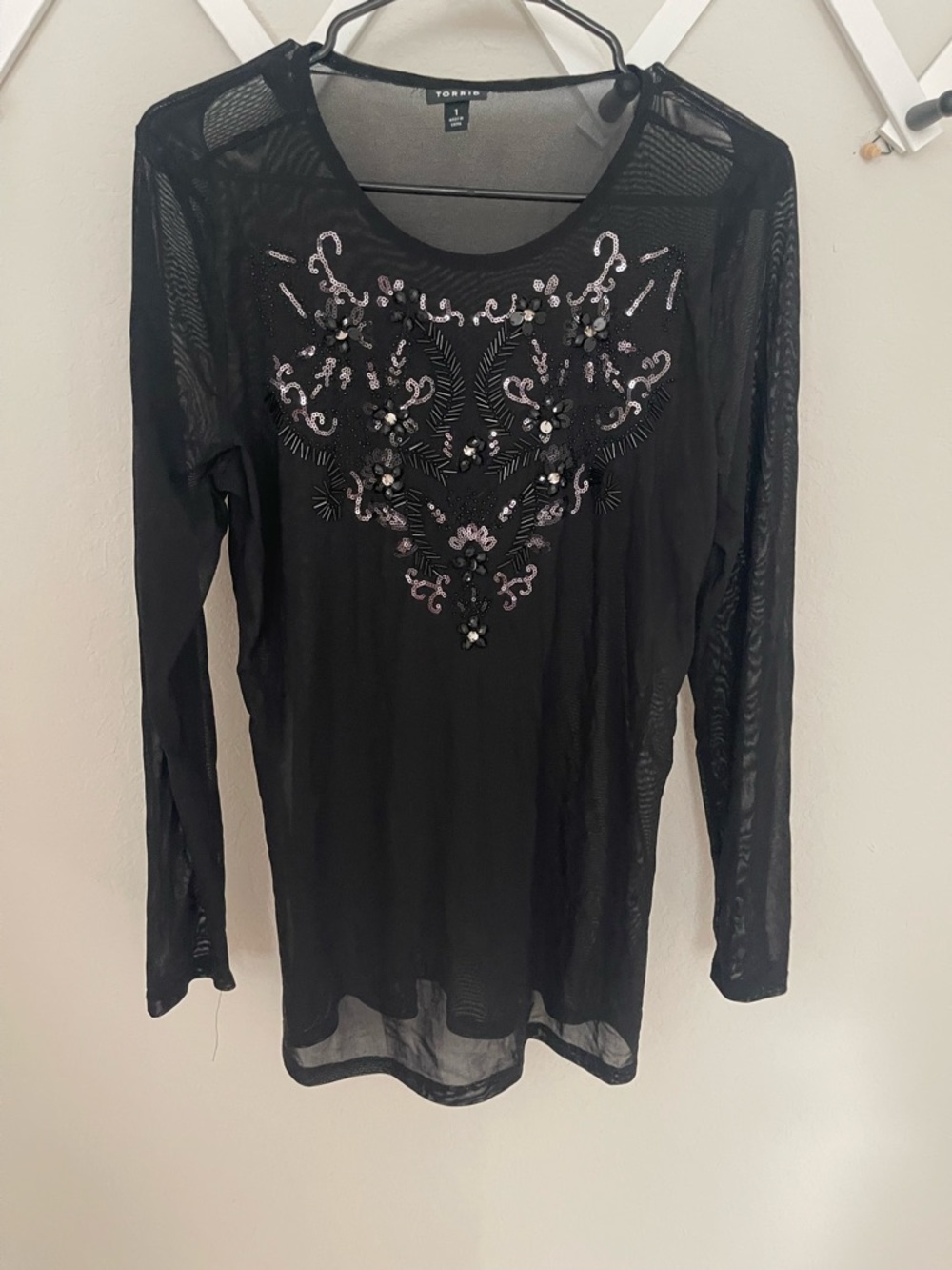 Torrid Black Sheer Mesh Long-Sleeve Top with Sequin Embellishment